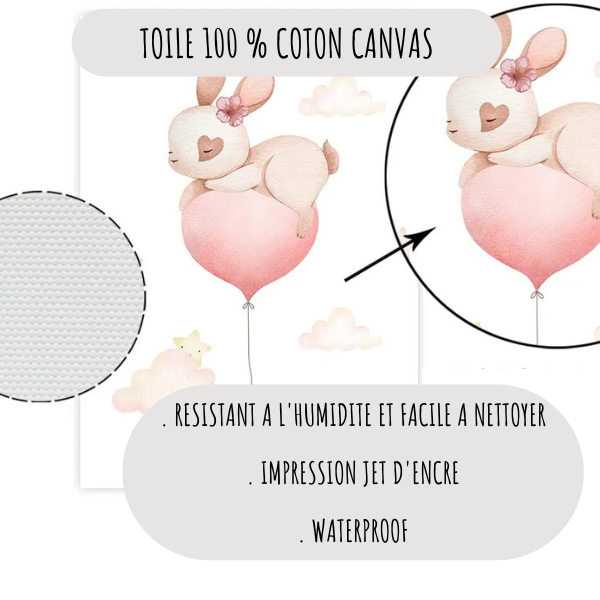 Détail d’impression sur toile coton canvas d’une affiche bébé avec lapin sur ballon, qualité waterproof et résistante