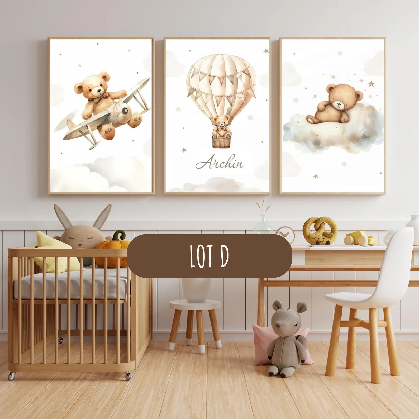 Affiche bébé personnalisée ourson en avion et montgolfière, décoration chambre bébé neutre, idée cadeau naissance personnalisé