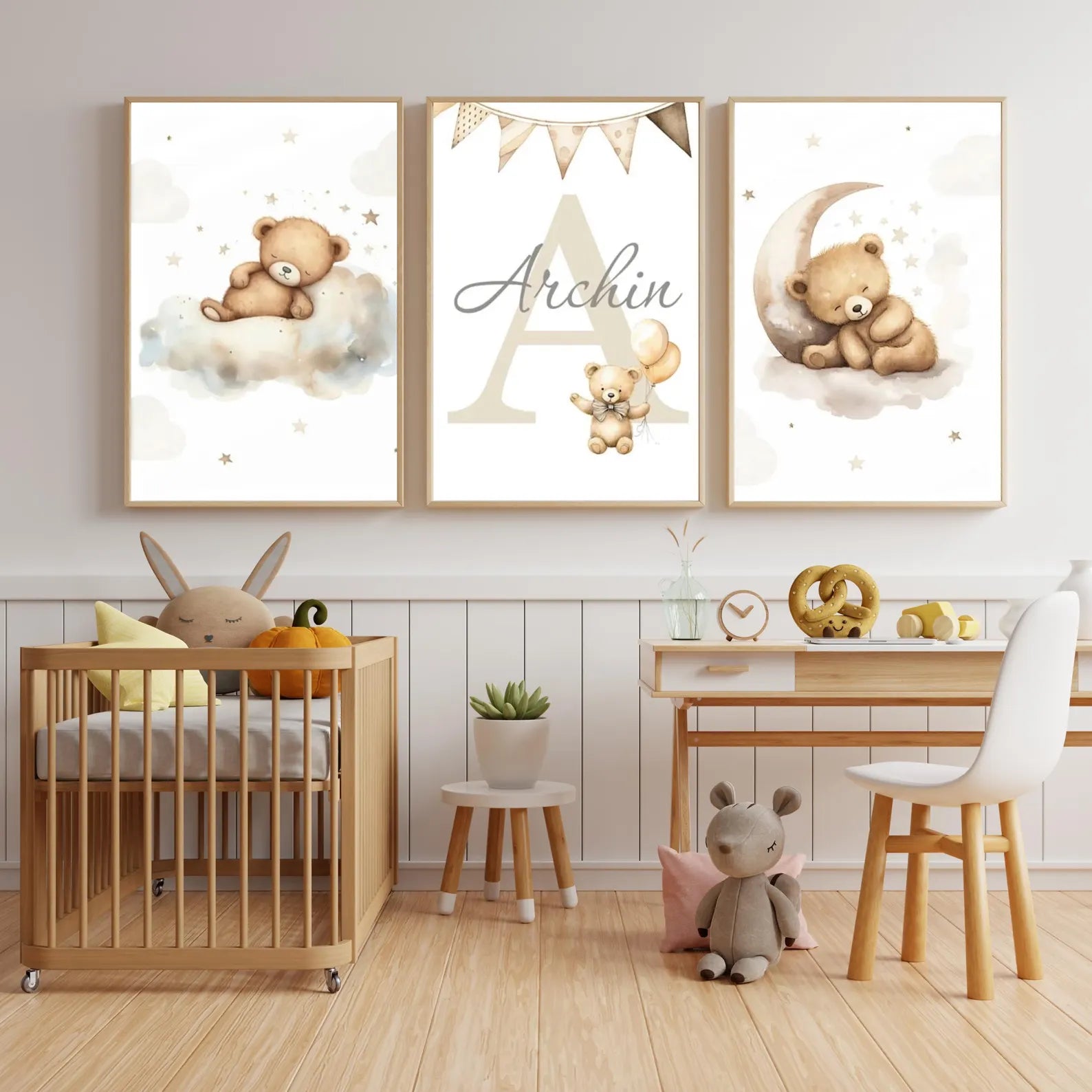 Affiche bébé ton neutre marron dans chambre enfant, décoration murale personnalisée style scandinave doux et minimaliste