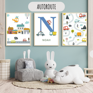 Affiches murales pour chambre bébé avec illustration d’autoroute et voitures colorées