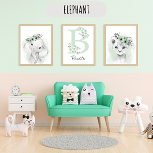 Affiches murales pour chambre bébé avec éléphant aquarelle vert sauge et ambiance douce
