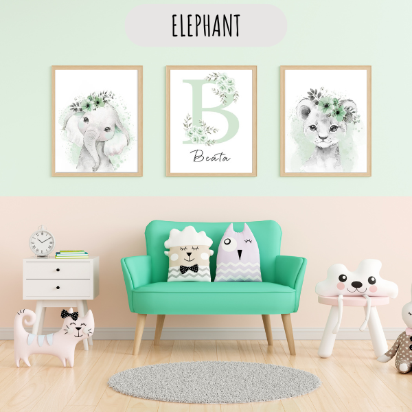 Affiches murales pour chambre bébé avec éléphant aquarelle vert sauge et ambiance douce