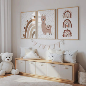 Affiche arc en ciel terracotta et lama pour chambre enfant, décoration murale mixte aux couleurs douces et naturelles