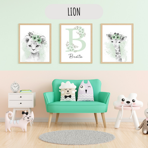 Décoration murale pour chambre d’enfant avec lion aquarelle vert sauge style nature