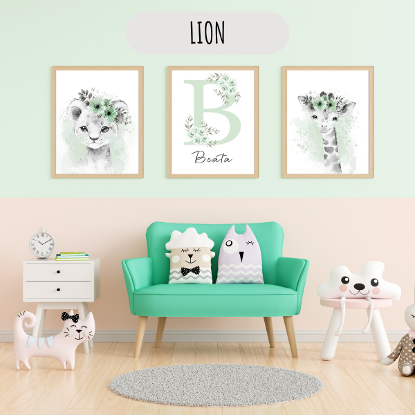 Décoration murale pour chambre d’enfant avec lion aquarelle vert sauge style nature