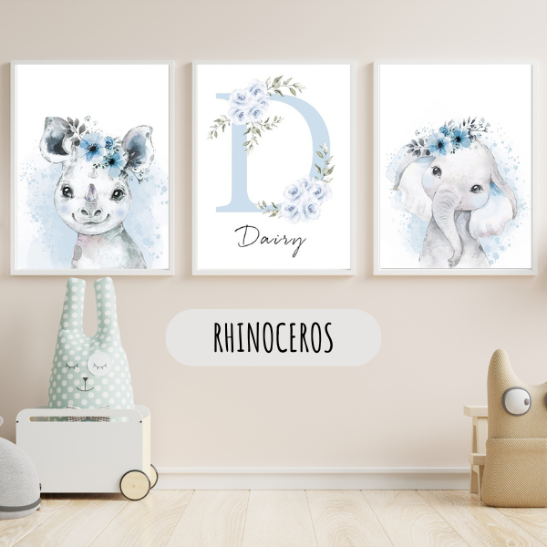 Triptyque d’affiches décoratives pour chambre enfant avec rhinocéros aquarelle bleu