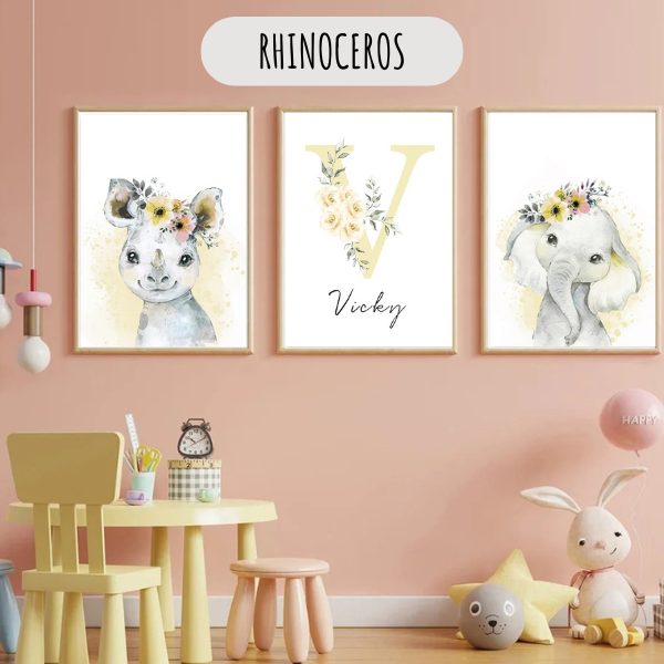 Affiches décoratives pour chambre d’enfant avec rhinocéros aquarelle jaune doux
