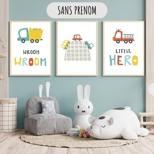 Ensemble d’affiches véhicules pour chambre d’enfant sans personnalisation prénom