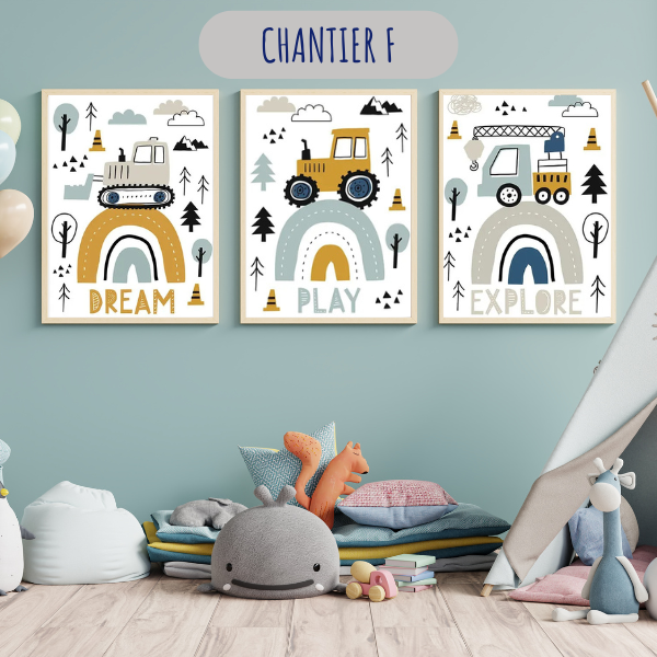 Trio d'affiches murales "Dream, Play, Explore" avec engins de chantier et arc-en-ciel, décoration chambre enfant