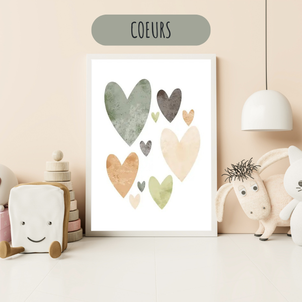 Affiche décorative vert sauge pour chambre bébé avec cœurs aquarelle vert sauge et beige aux tons naturels