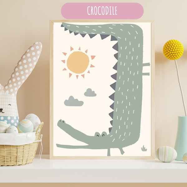 Affiche décorative avec crocodile illustré, idéale pour une chambre d’enfant thème jungle.