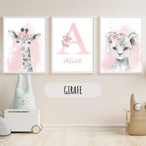 Affiches décoratives pour chambre bébé avec girafe illustrée en aquarelle rose
