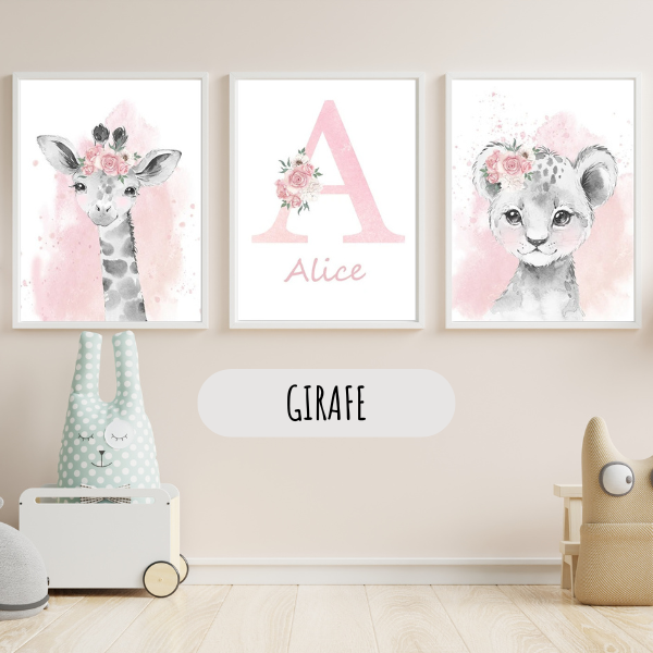 Affiches décoratives pour chambre bébé avec girafe illustrée en aquarelle rose