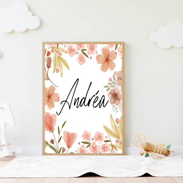 Affiche murale florale aux tons roses et naturels pour décoration douce de chambre d’enfant