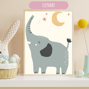 Illustration d’éléphant au style enfantin, décoration murale apaisante pour chambre bébé ou enfant.