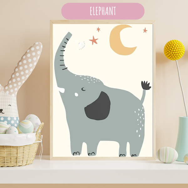 Illustration d’éléphant au style enfantin, décoration murale apaisante pour chambre bébé ou enfant.