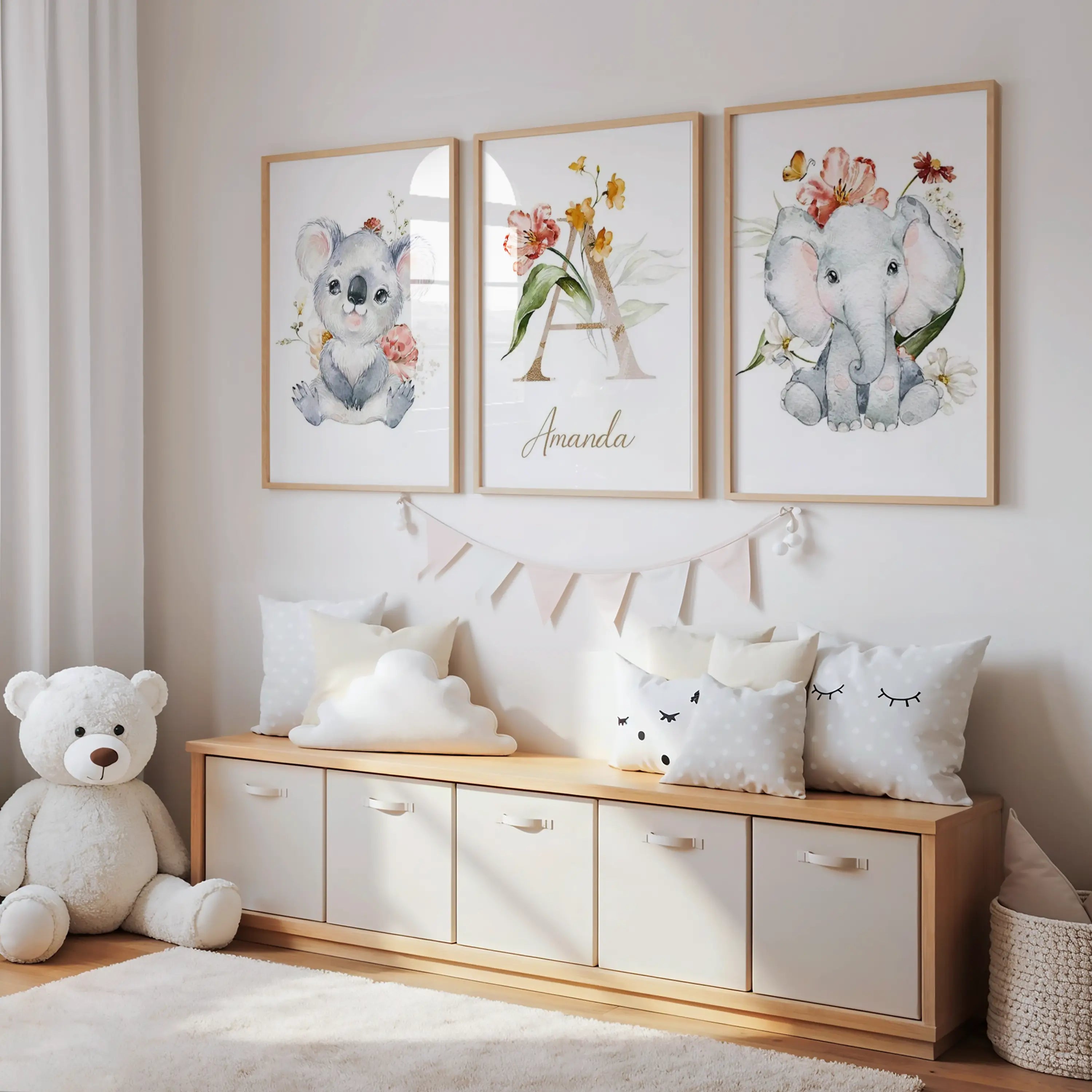 Affiche éléphant bébé style safari floral avec fleurs délicates, décoration murale chambre bébé en toile coton canvas.