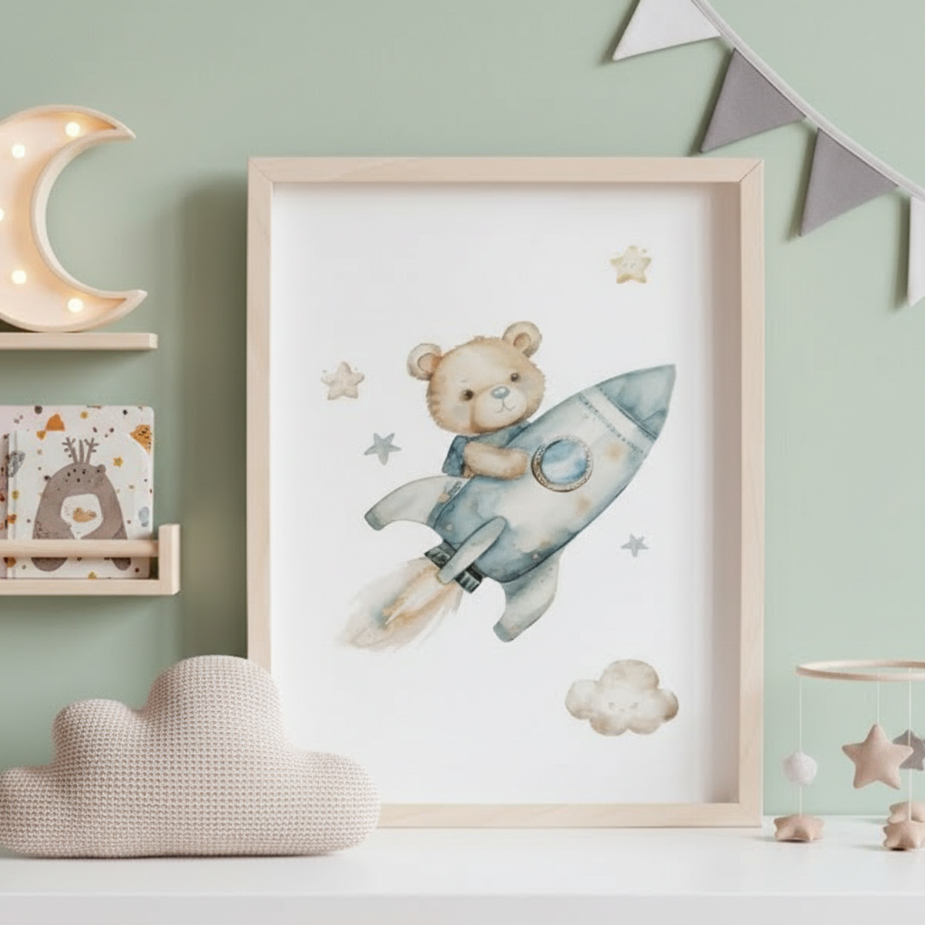 Affiche enfant ours fusée décoration chambre bébé