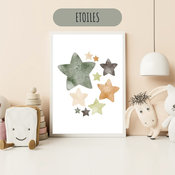 Affiche étoiles aquarelle vert sauge et beige pour décoration douce de chambre bébé