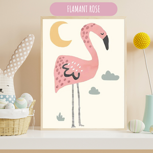 Illustration de flamant rose au style doux, parfaite pour décoration murale de chambre bébé.
