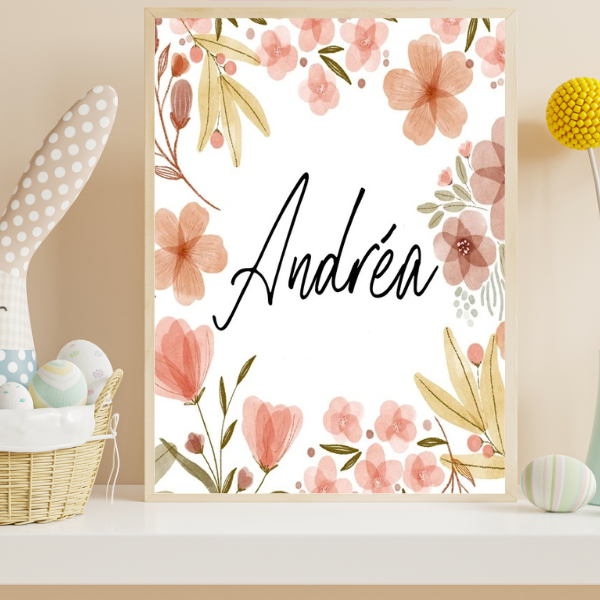 Affiche décorative florale aux fleurs roses dans un style boho chic pour chambre d’enfant