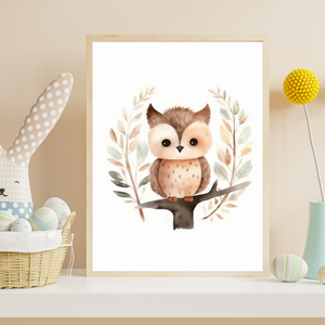Illustration hibou posé sur branche décoration chambre enfant