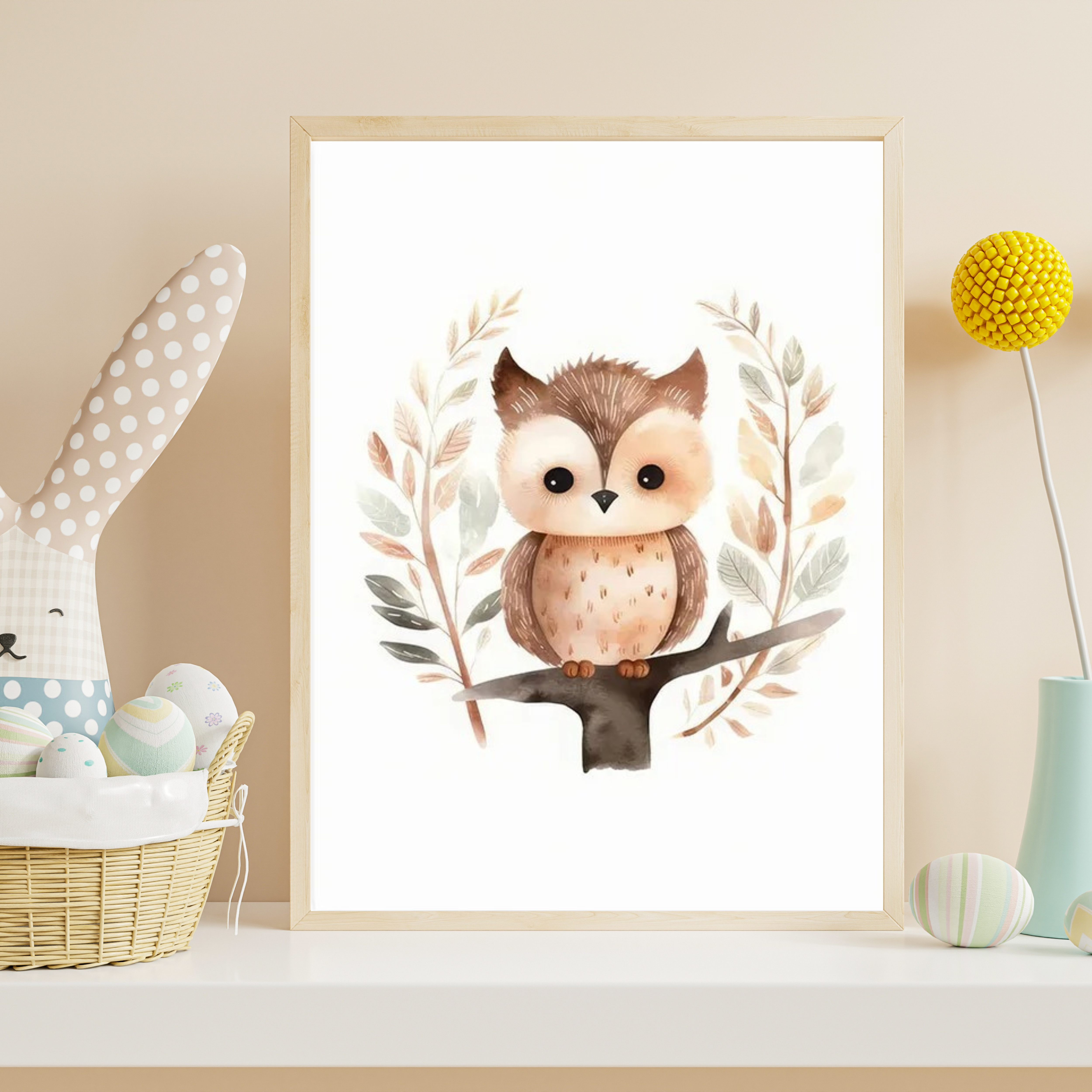 Illustration hibou posé sur branche décoration chambre enfant