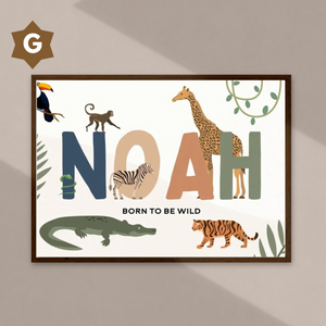 Affiche décorative avec initiale et animaux safari pour décoration de chambre d’enfant