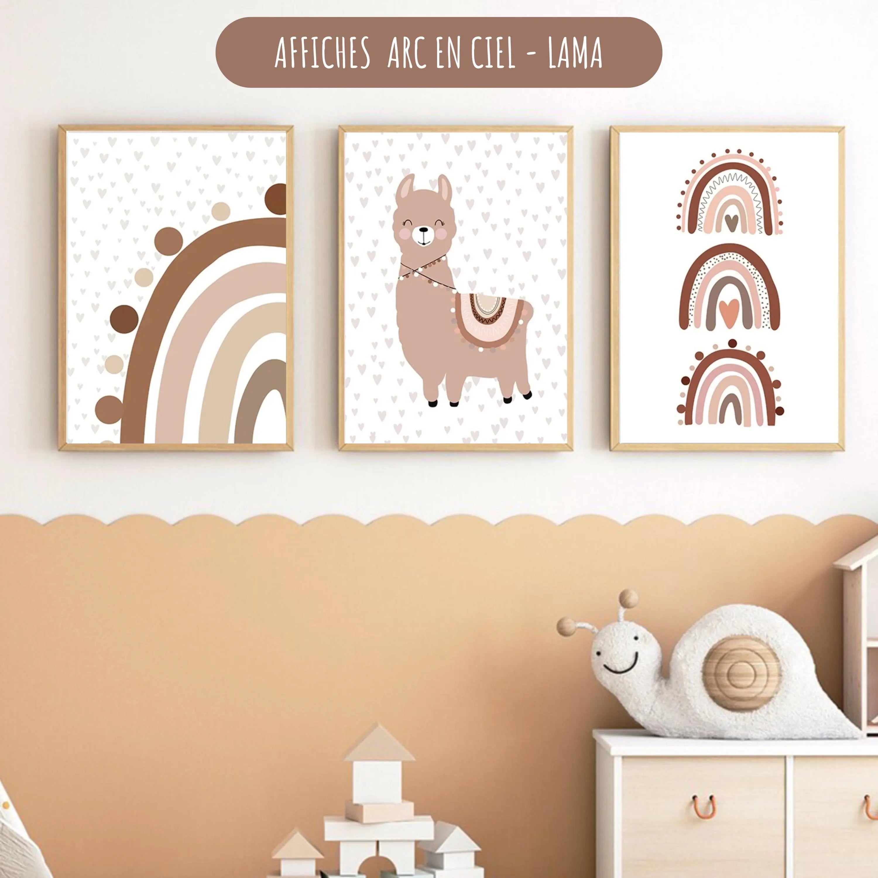 Affiches lama arc en ciel terracotta pour chambre bébé, décoration murale bohème en toile canvas aux tons beige et marron