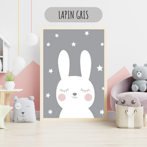 Affiche lapin gris au style scandinave pour chambre d’enfant, décoration murale apaisante