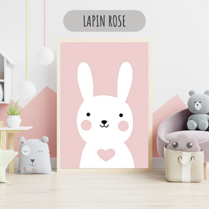Affiche décorative lapin rose pour chambre de bébé, illustration douce et minimaliste pour décoration murale enfant