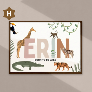 Affiche murale avec lettre décorative et animaux de la jungle pour chambre d’enfant