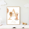 Affiche murale avec lettre décorative et animaux safari pour chambre d’enfant au style ludique