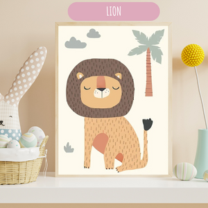Affiche murale enfant représentant un lion illustré, ambiance safari douce pour chambre bébé.