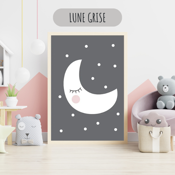 Affiche lune grise pour chambre d’enfant, décoration murale calme et minimaliste