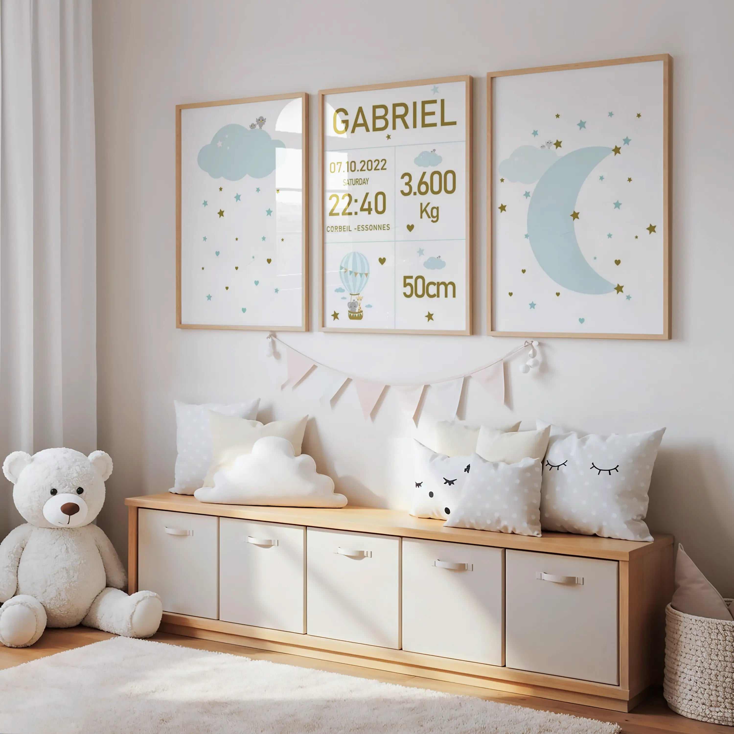 Ensemble de trois affiches de naissance personnalisées thème ciel bleu, lune, étoiles et informations de naissance pour décoration chambre bébé