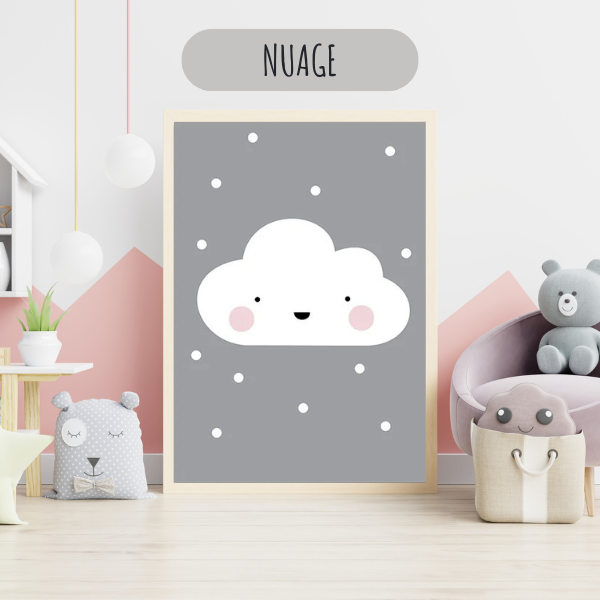Affiche nuage gris pour décoration de chambre bébé, illustration douce et rassurante
