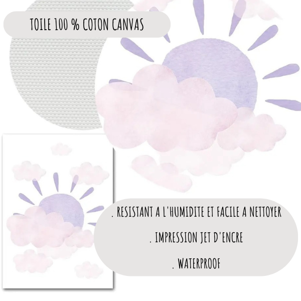 Affiche décorative nuage et soleil pastel imprimée sur toile coton canvas, résistante et idéale pour chambre d’enfant