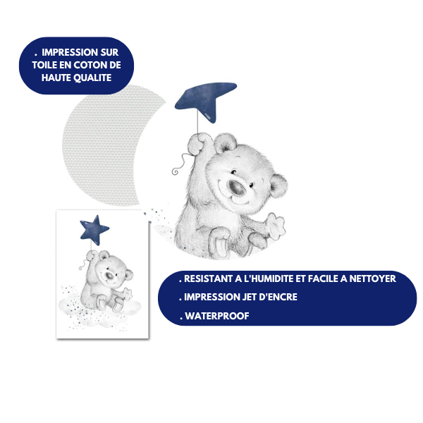 Affiche décorative bébé avec ours tenant une étoile, imprimée sur toile coton canvas, résistante à l’humidité et facile à nettoyer.