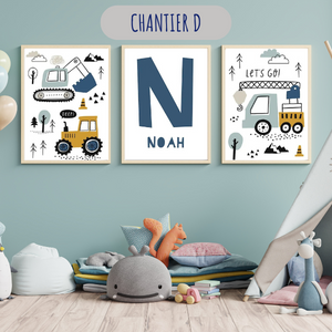 Ensemble d'affiches personnalisées avec véhicules de chantier et grue, déco chambre enfant