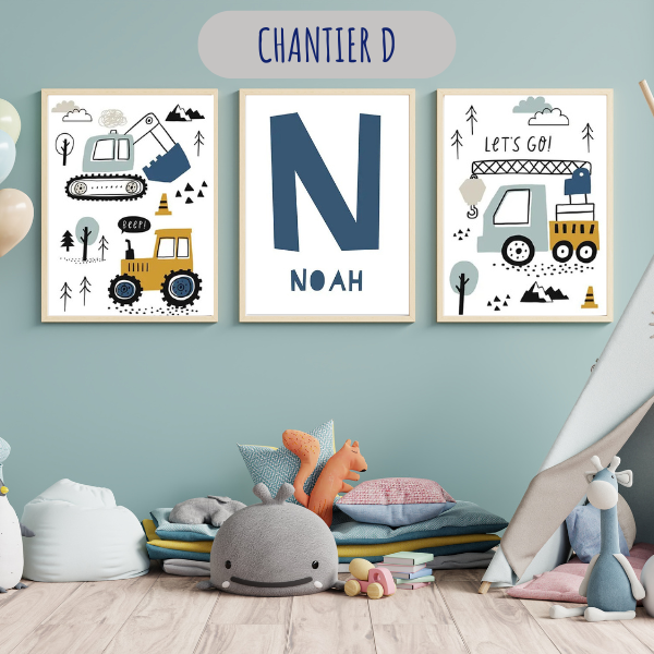 Ensemble d'affiches personnalisées avec véhicules de chantier et grue, déco chambre enfant