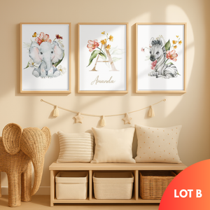 Affiche prénom safari personnalisée pour chambre bébé avec éléphant et zèbre, décoration murale enfant style bohème, idée cadeau baptême ou anniversaire, imprimée sur toile coton canvas.