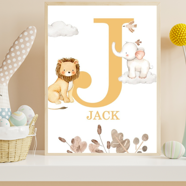 Affiche décorative safari avec animaux illustrés et lettre décorative pour chambre d’enfant