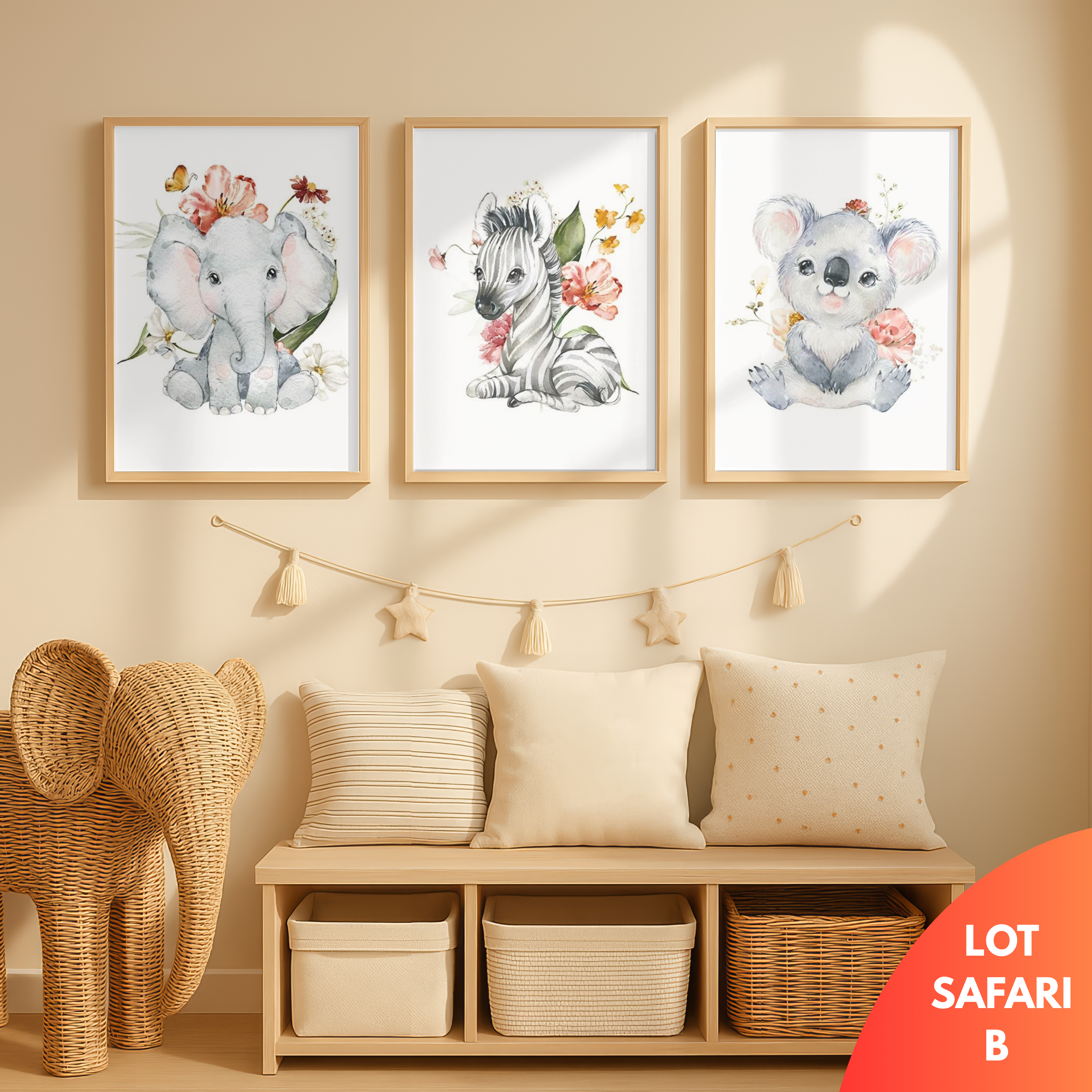 Affiche safari bébé avec éléphant, zèbre et koala en illustration douce et florale, décoration chambre bébé moderne, idée cadeau naissance personnalisée, impression sur toile 100% coton canvas.