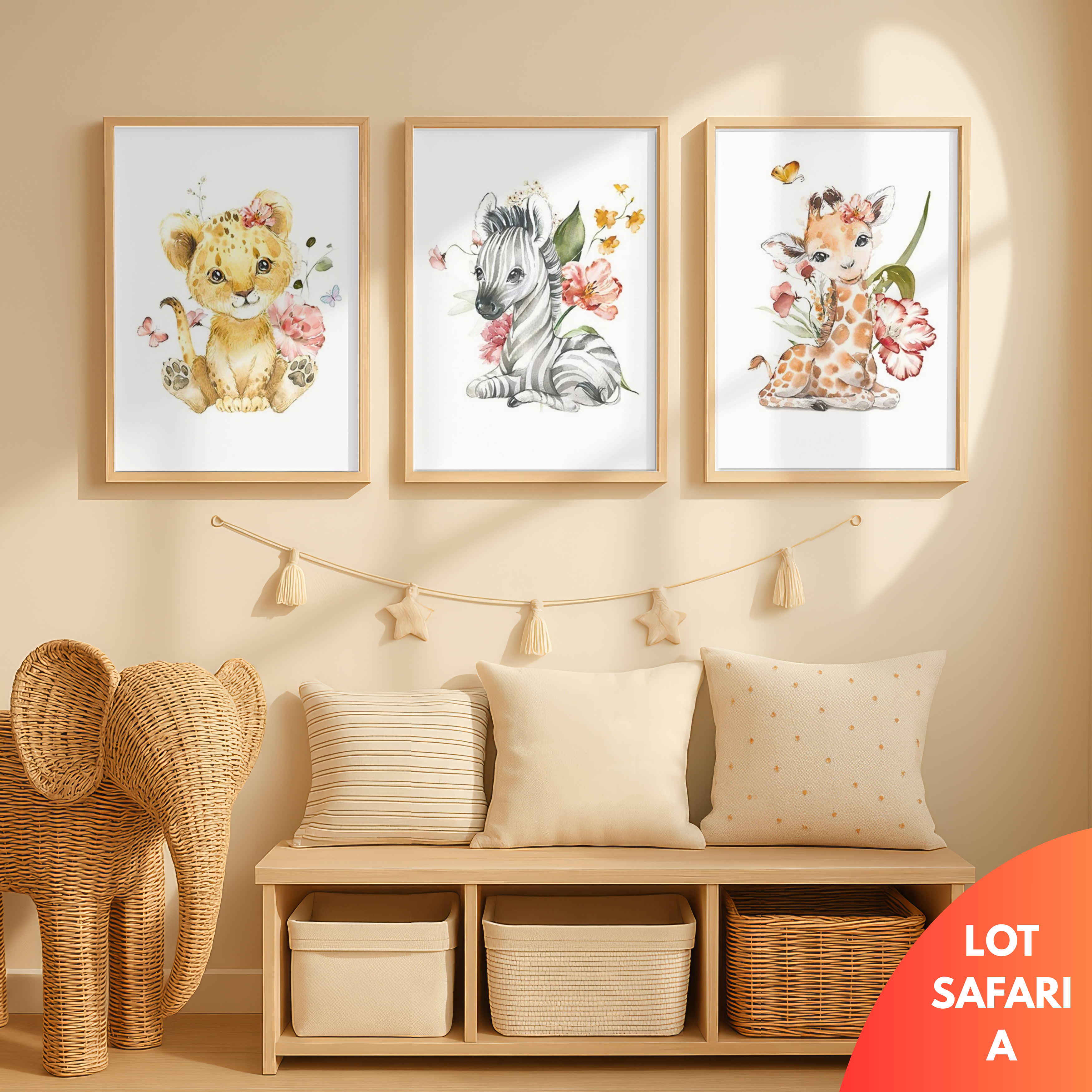 Affiche safari bébé personnalisée avec lionceau, zèbre et girafe en style aquarelle, décoration murale chambre bébé fille ou garçon, idéale comme cadeau de naissance ou baptême, imprimée sur toile coton canvas.