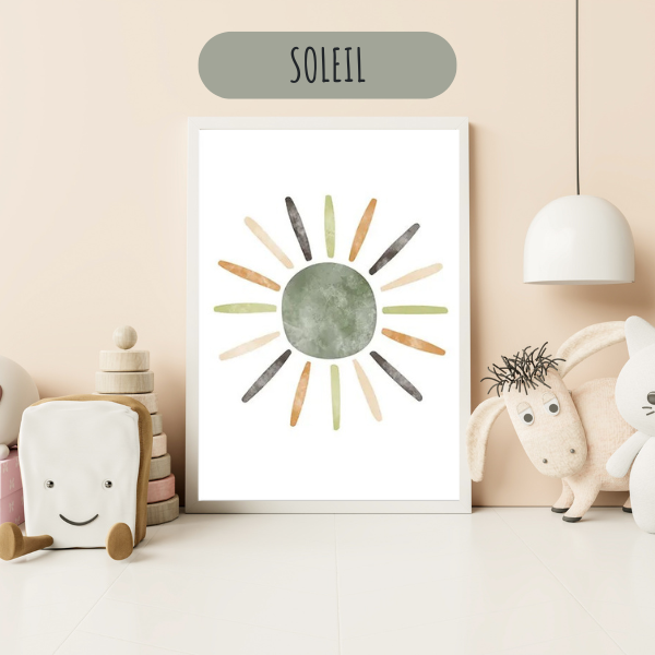 Affiche soleil aquarelle aux couleurs naturelles pour décoration murale de chambre enfant