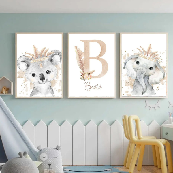 Décoration murale bébé avec affiches animaux personnalisées imprimées sur toile coton canvas