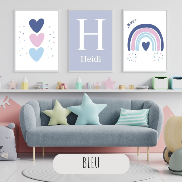 Affiches personnalisées arc-en-ciel bleu avec initiale pour décoration murale de chambre bébé