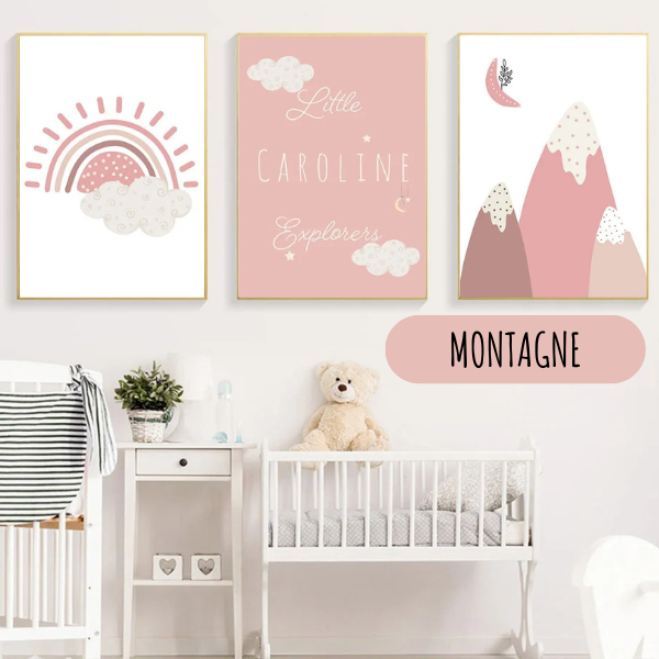 Affiches bébé montagne rose bohème pour chambre d’enfant, décoration douce et naturelle