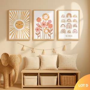 Affiches chambre enfant style scandinave soleil et motifs arc-en-ciel